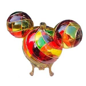 Disney Mickey Mouse Ears Blown Glass Ornament With Stand Red Green Yellow *READ*